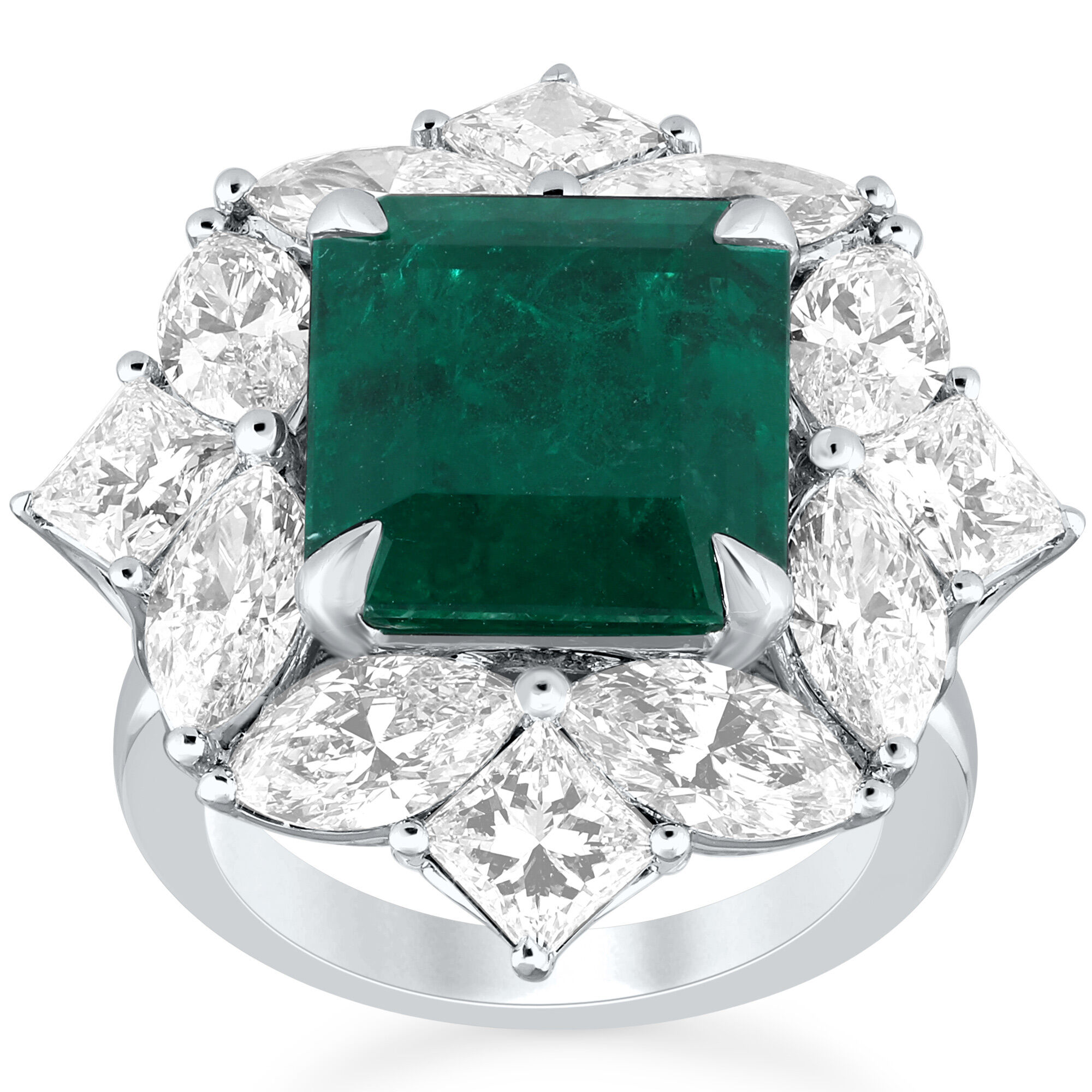 Emerald Octagon Cut Ring with Diamonds in White Gold